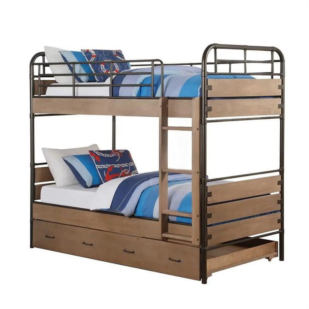 Antique Oak And Gunmetal Twin Over Twin Bunk Bed I3449