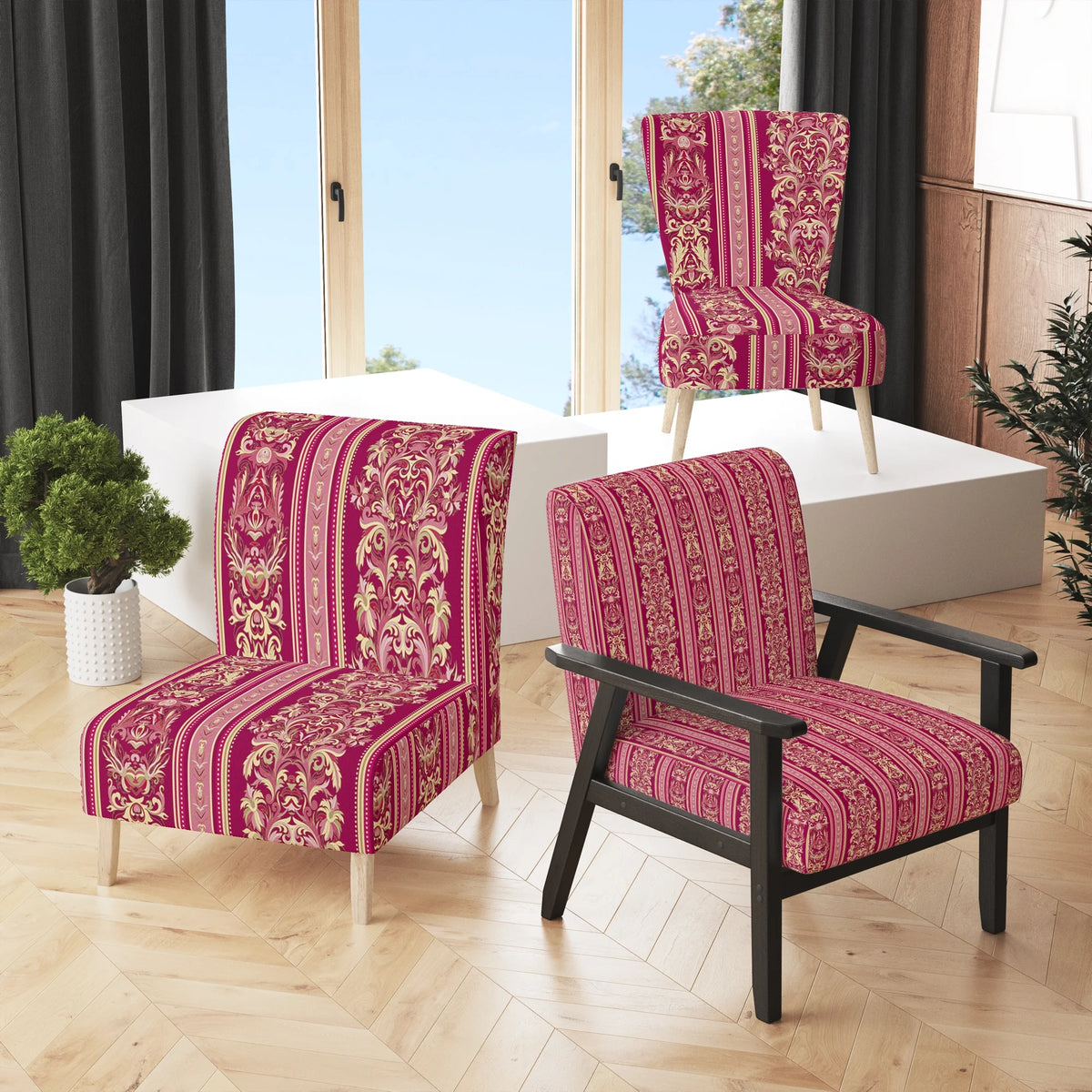 Purple and Gold Striped Pattern Upholstered Accent Chair R7941