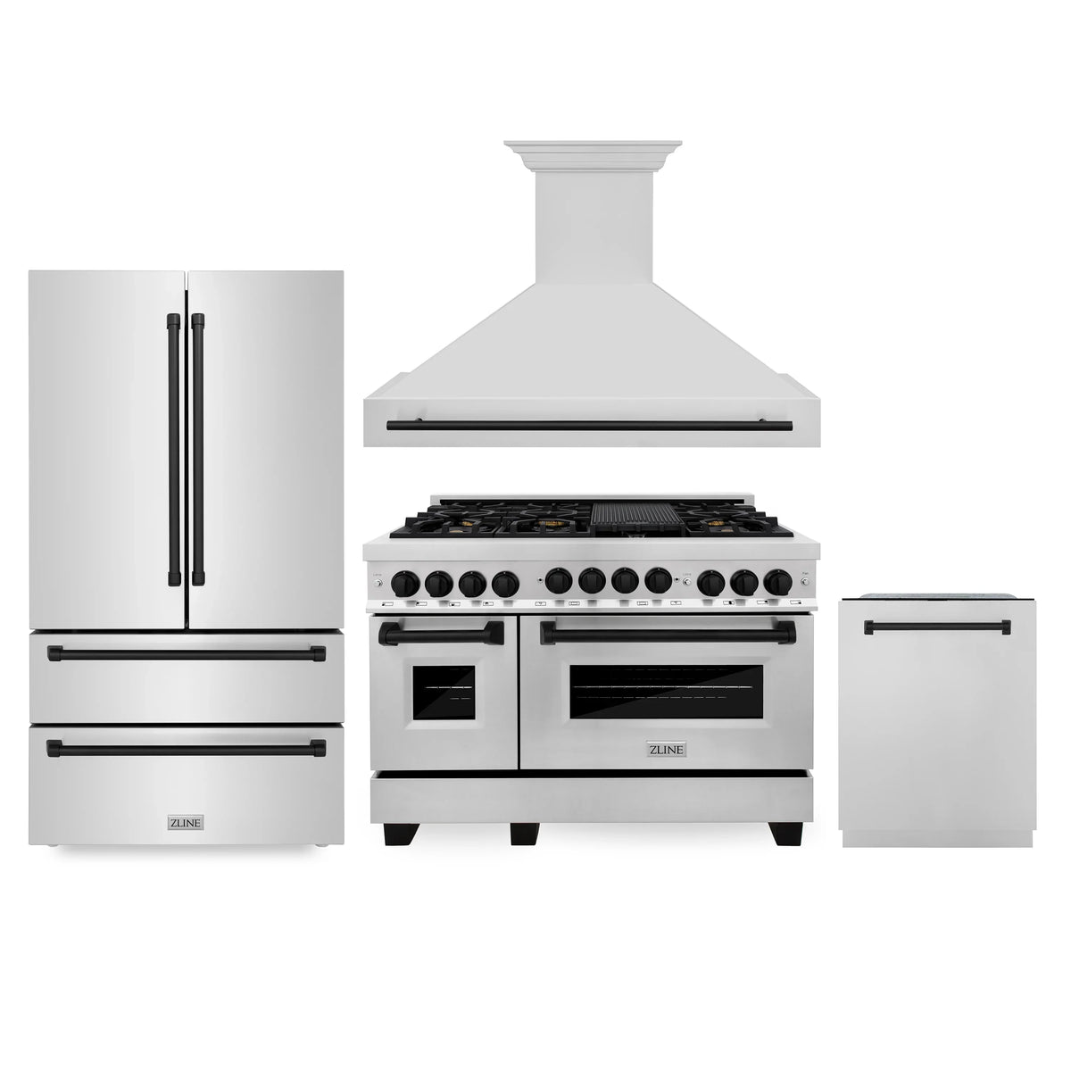 48 in. Gas Range, Range Hood, 3 Rack Dishwasher, Refrigerator with Matte Black Accents S102