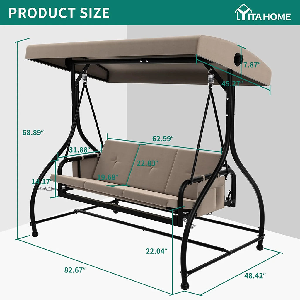 3 Person Outdoor Swing Chair with Adjustable Canopy and Cushion M573502