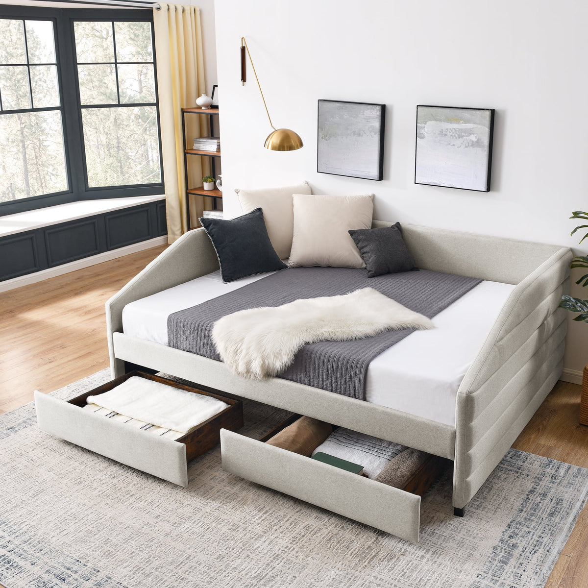 Queen Size Beige Linen Upholstered Daybed with Trundle G124036