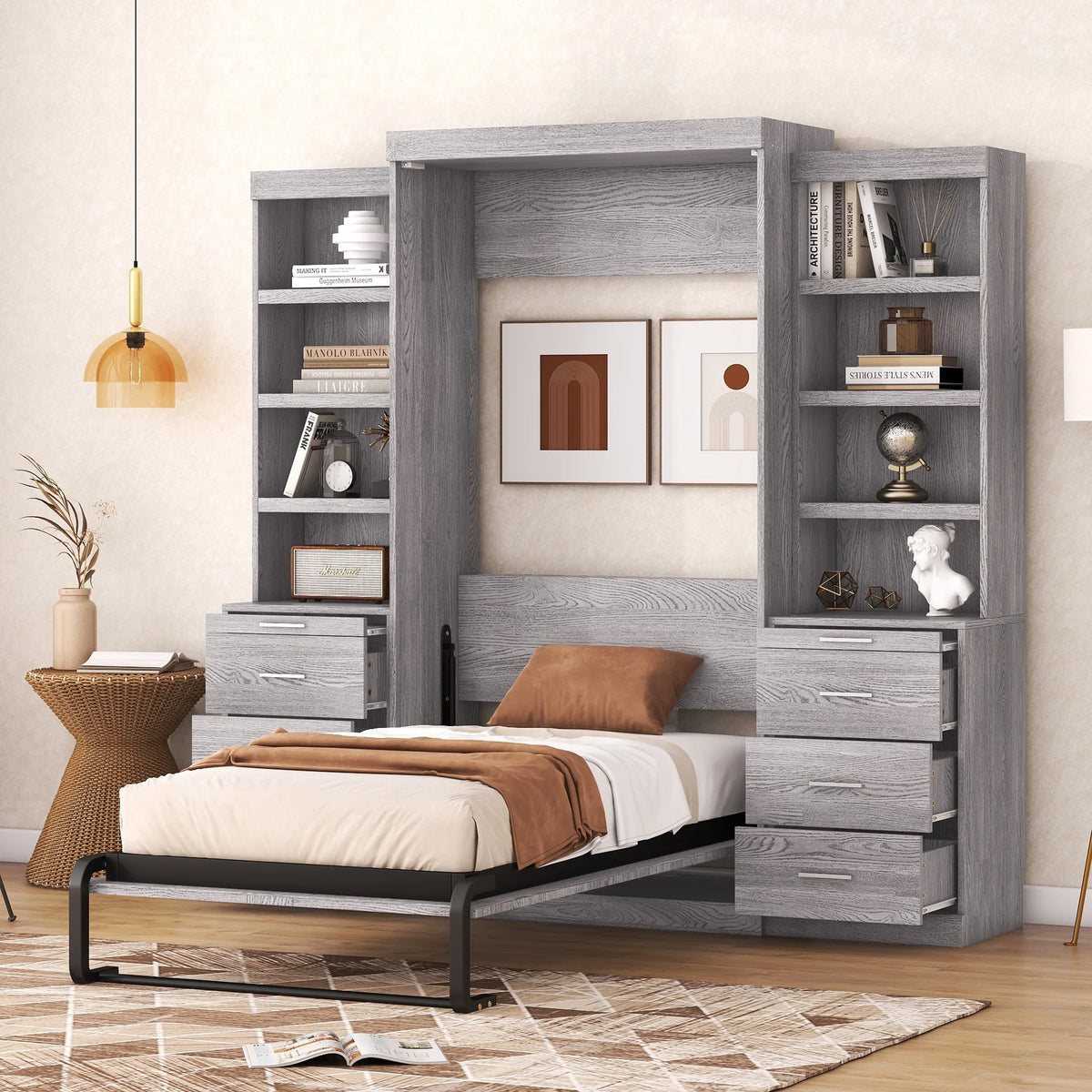 Twin Size Murphy Bed with Wardrobe and Drawers A36461