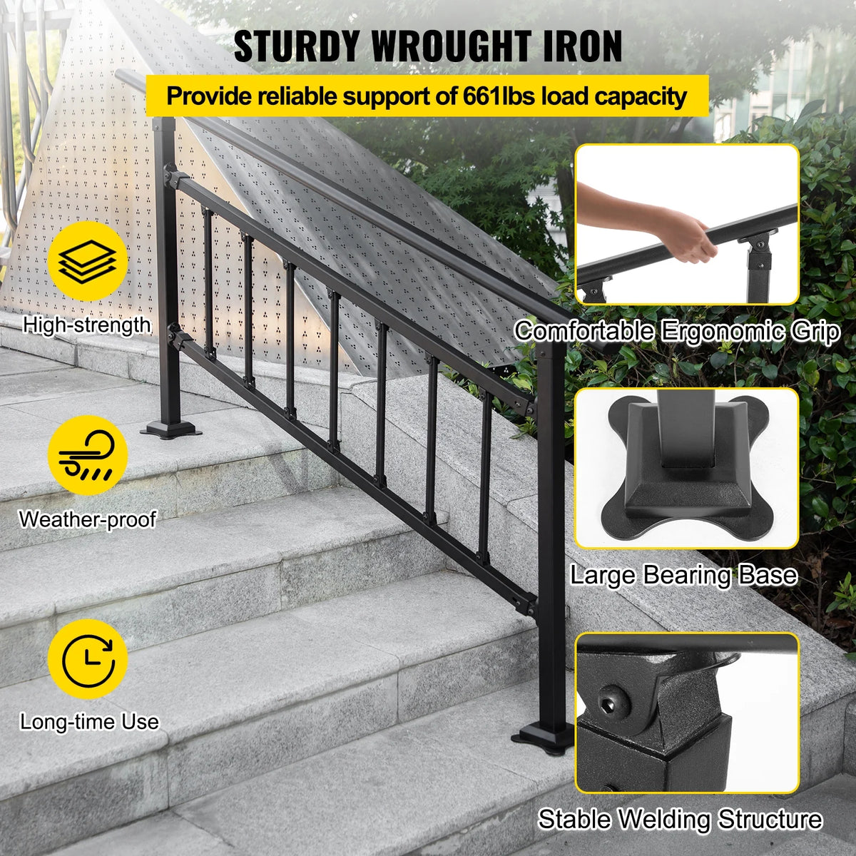 Outdoor Stair Handrail, Adjustable Wrought Iron, Matte Black B143998
