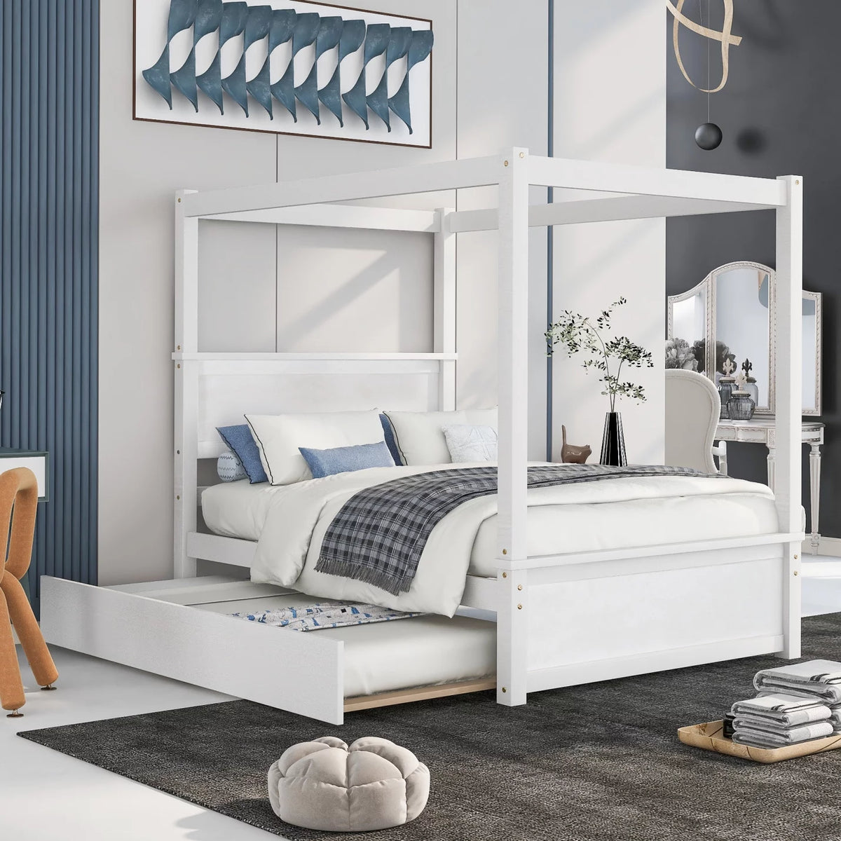 Full Size White Wood Canopy Platform Bed with Trundle Y580