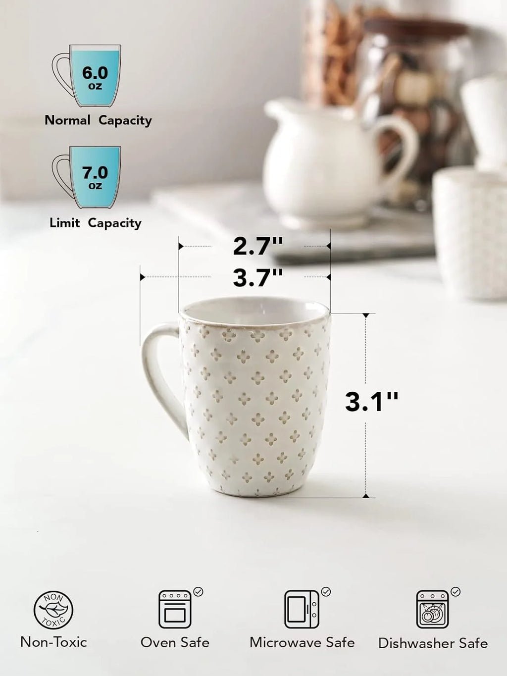 Ceramic Coffee Mugs 12 oz Embossment Set of 4 Arctic White X6652