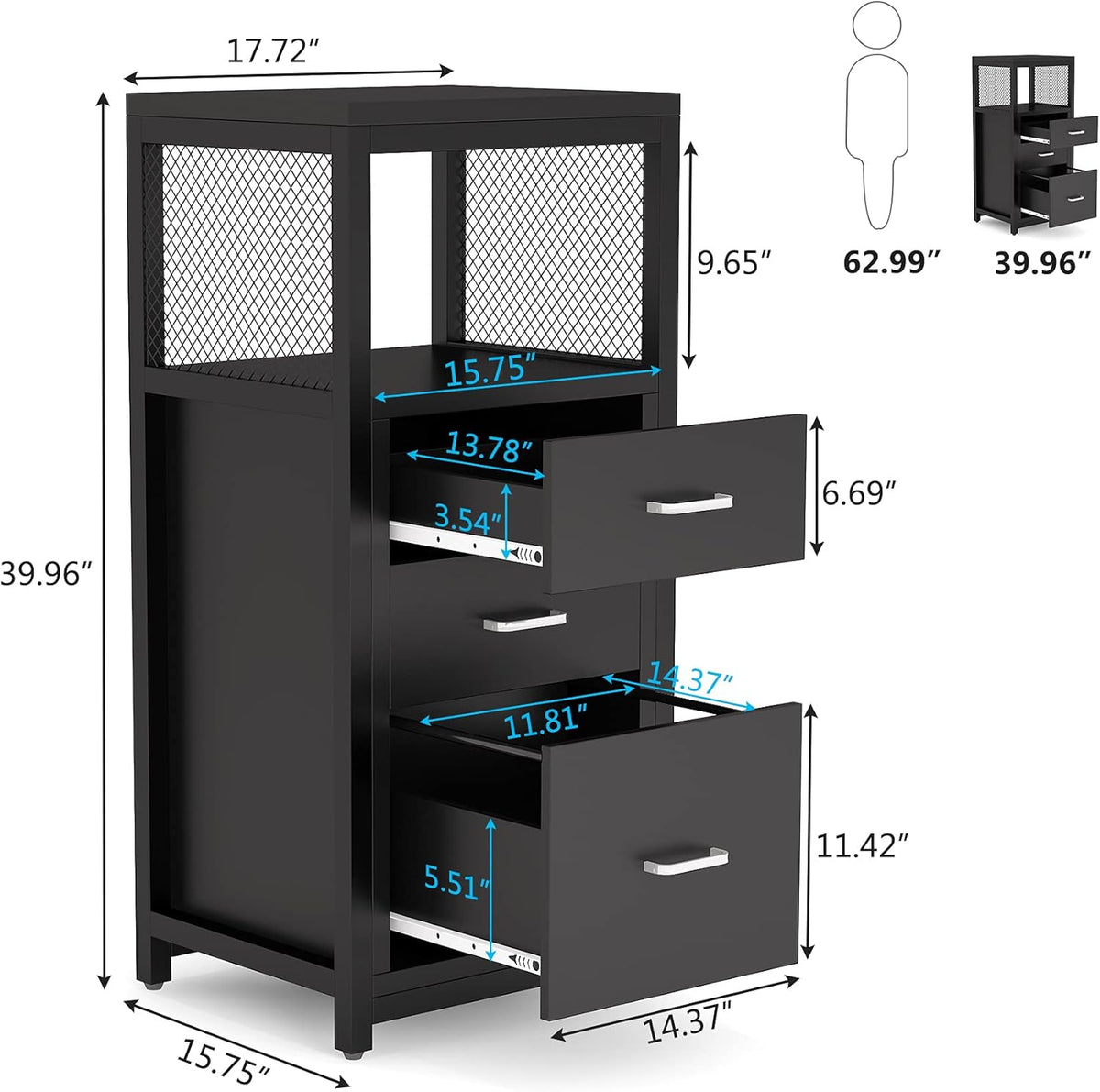 3 Drawer Letter Size File Cabinet with Wire Storage Shelves S213762