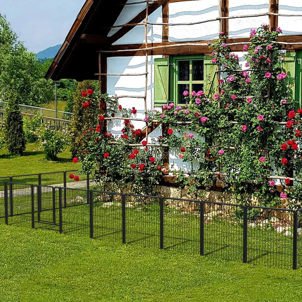 8 Panel Black Metal Garden Fence with Gate U7223