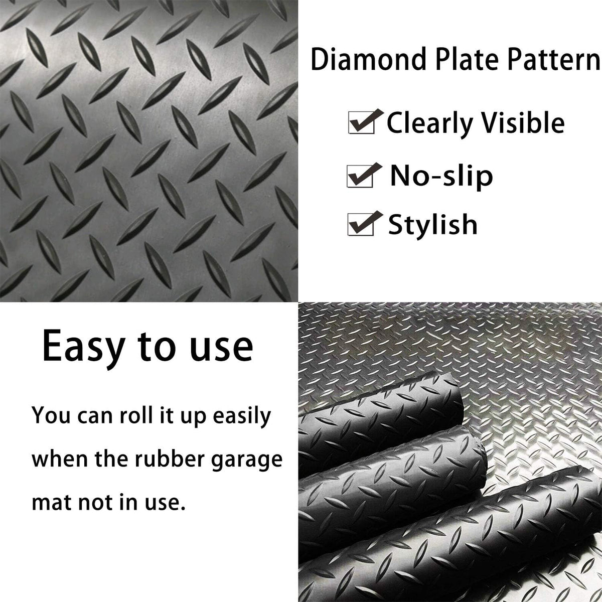 Black 3.3 x 16.5FT Heavy Duty Rubber Diamond Garage Floor Mat B170441