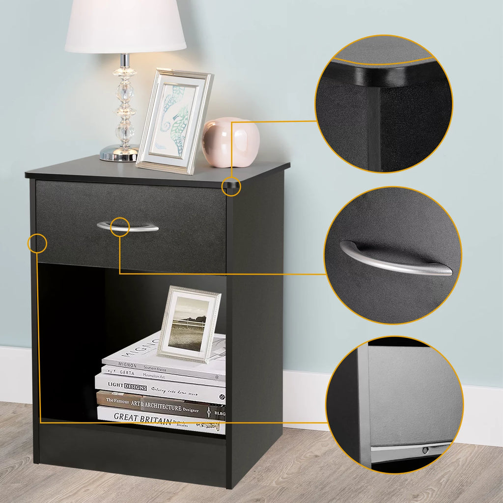 Black 2pcs Wood Nightstand with Drawer F89951