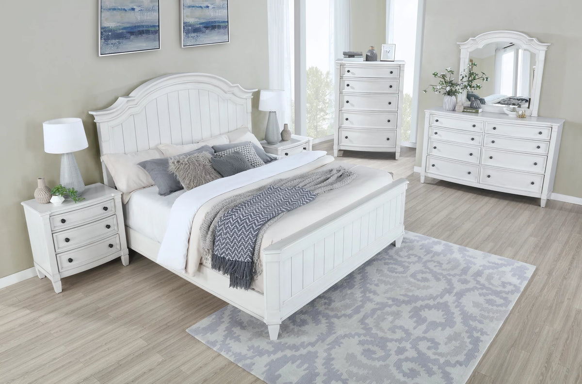 Wood King Bed with Dresser, Mirror, Two Nightstands, and Chest T7058