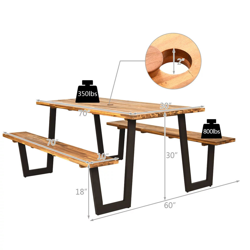 Wooden Picnic Table Bench Set with Umbrella Hole I827120