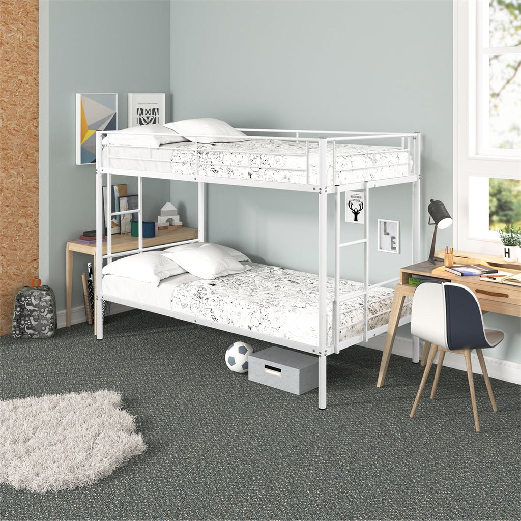 White Twin over Twin Bunk Bed with Guardrail and 2 Side Ladders A496