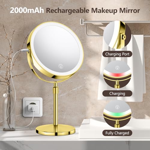 10x Lighted Makeup Mirror, Rechargeable Height Adjustable 1x/10x Magnifying Double Sided Mirror O859