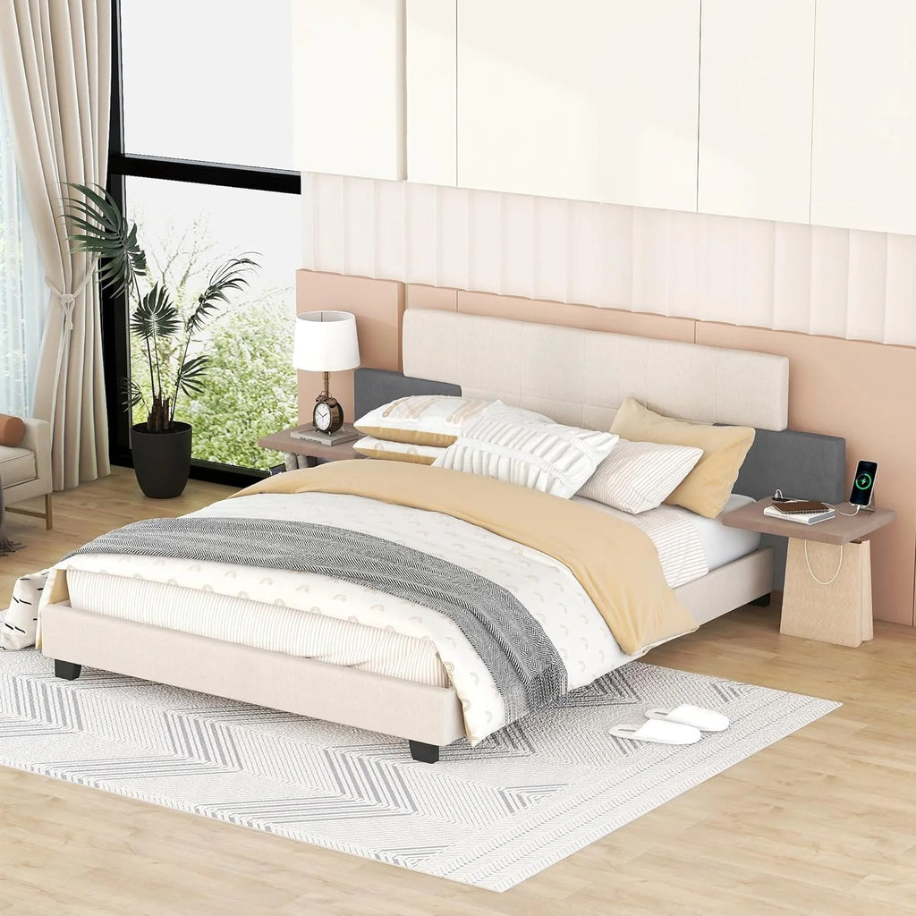 Queen Size Upholstered Platform Bed with Bedside Shelves and USB Charging T1758