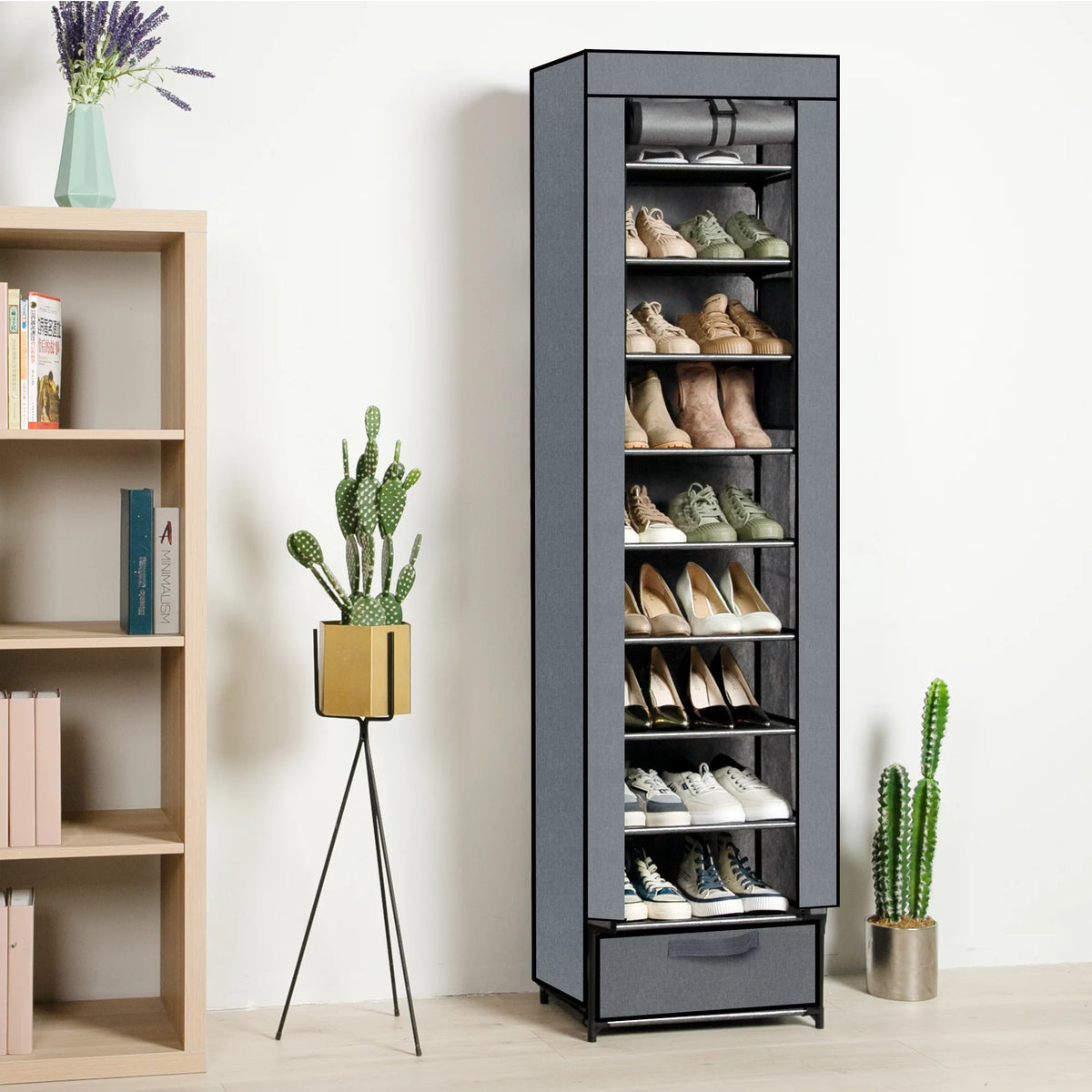 10 Tier Grey Shoe Rack with Storage Box E999