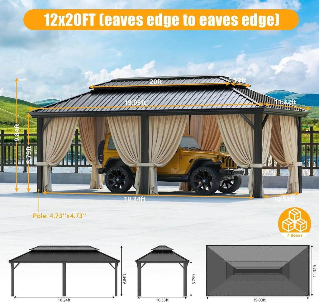 12x20 Aluminum Steel Hardtop Gazebo with Netting and Curtains W71928