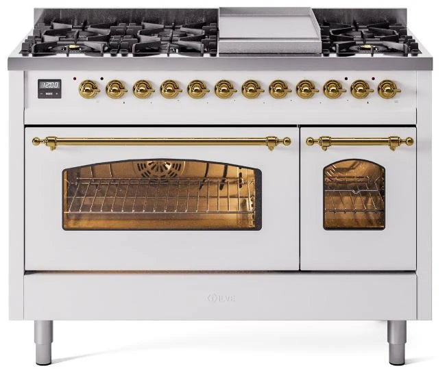 White Dual Fuel Propane Gas Range with Brass Trim L150