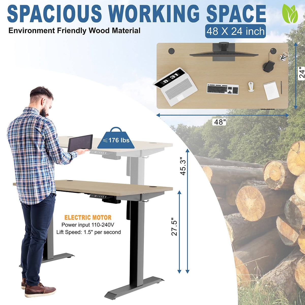Black 48 x 24 Height Adjustable Electric Standing Desk Y7352