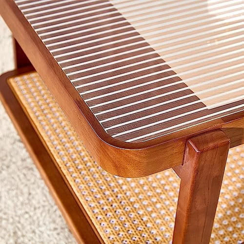 Rattan Woven Glass Desktop Round Double-Layer Solid Wood Coffee Table D9084