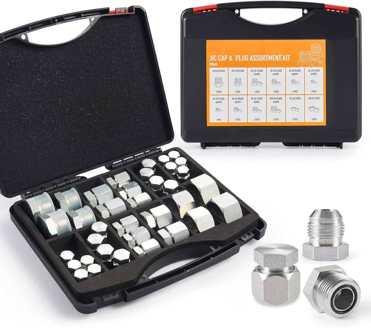 128 PC JIC and ORFS Hydraulic Cap and Plug Fitting Kit Galvanized Steel I7741