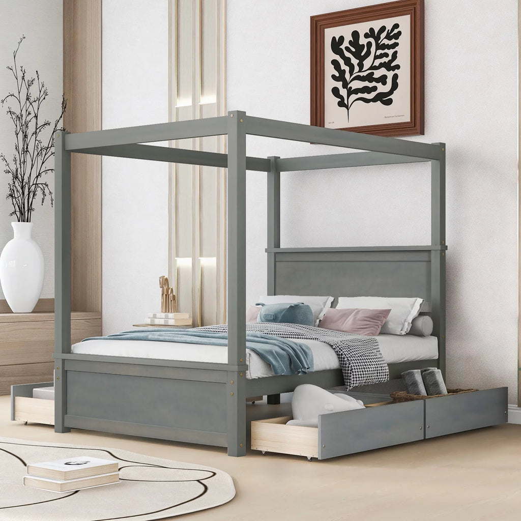 Full Size White Wood Canopy Platform Bed with Trundle Y580