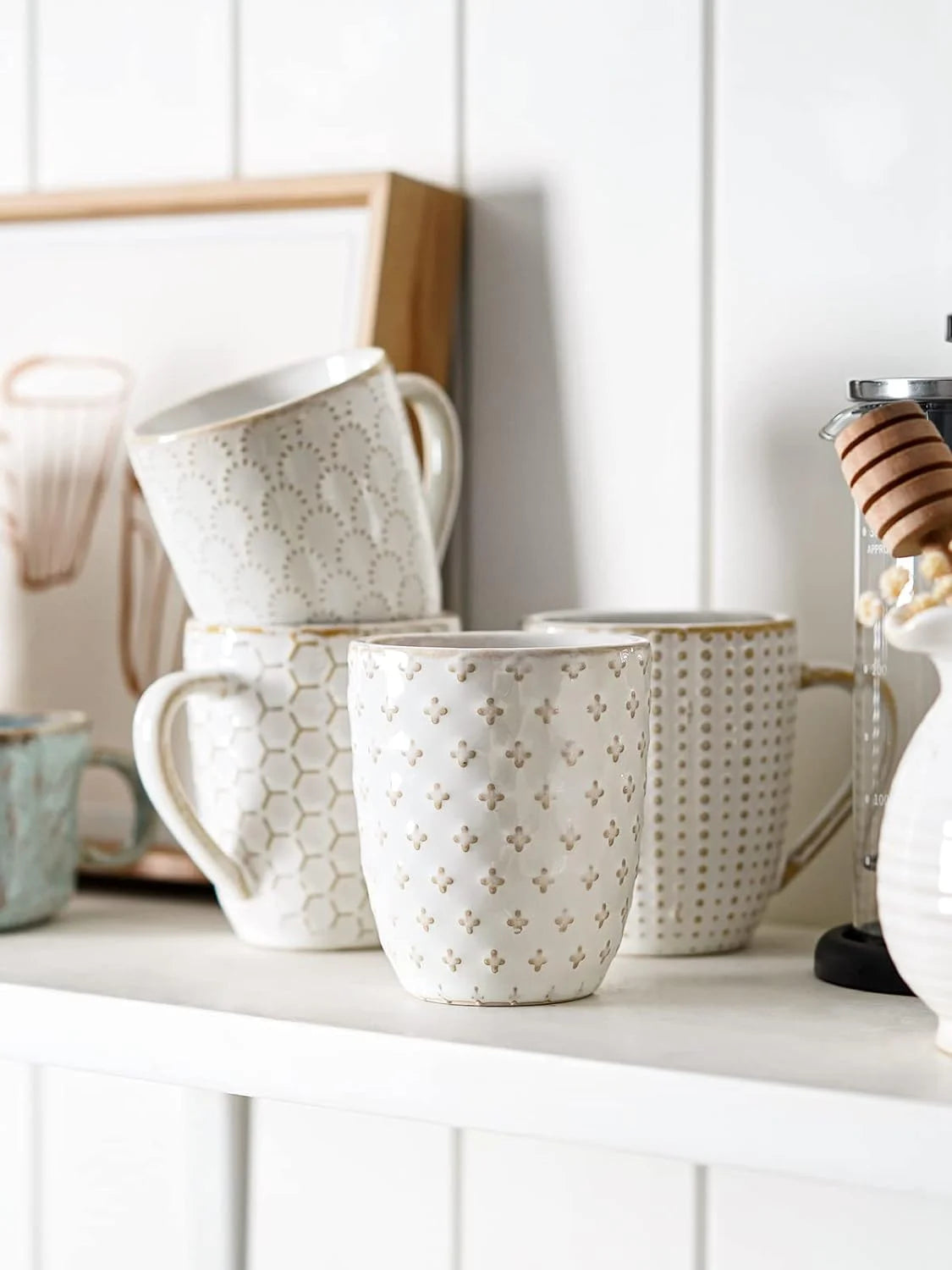Ceramic Coffee Mugs 12 oz Embossment Set of 4 Arctic White X6652