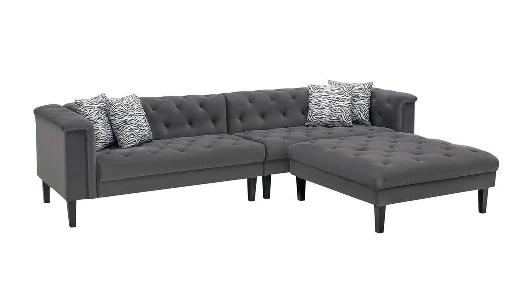 Dark Gray Velvet Tufted Sofa Ottoman Set with 4 Accent Pillows C850114