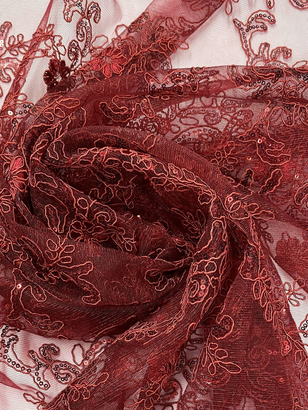 Burgundy Embroidered Lace with Sequins R159549