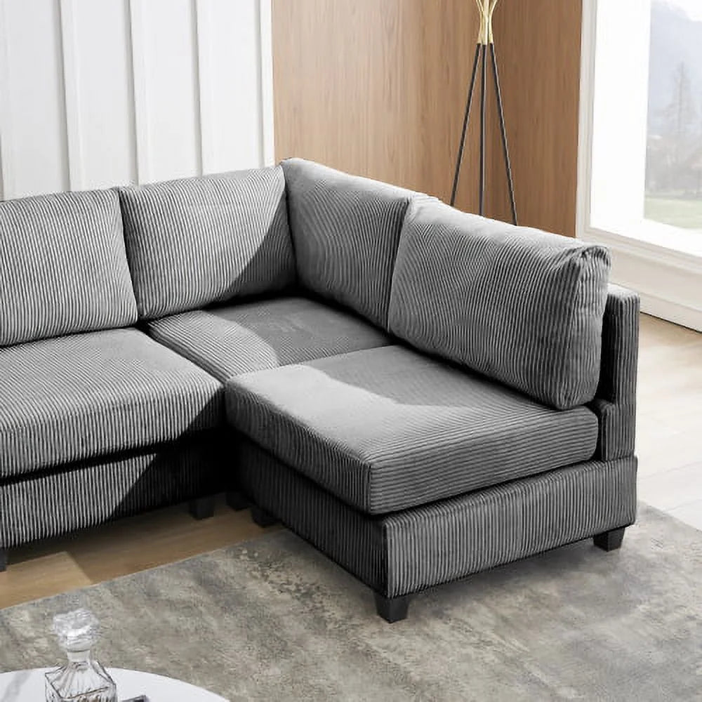 L-Shaped Grey Corduroy Sectional Sofa with Chaise Q9990