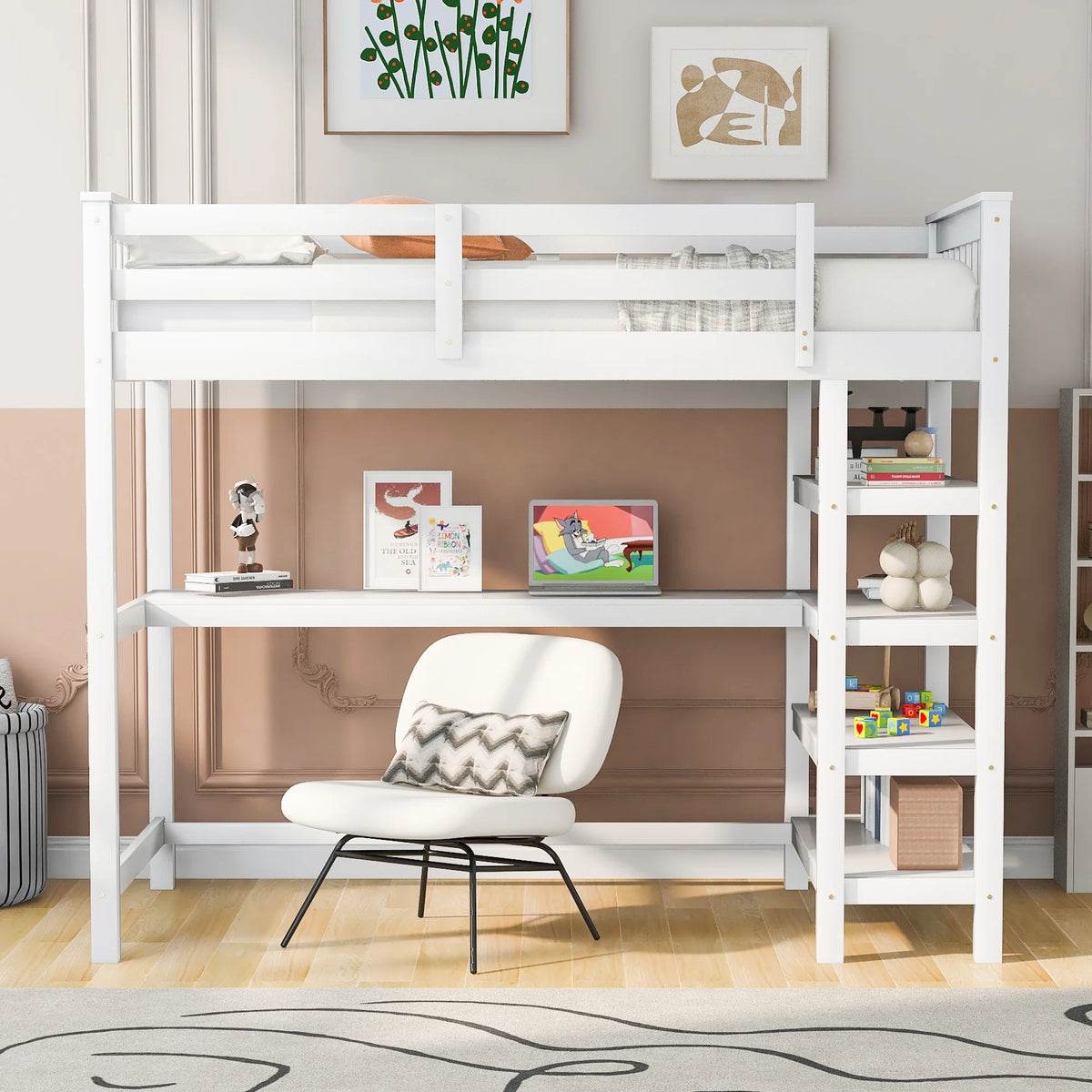 White Twin Size Loft Bed with Storage Shelves and Desk R349476