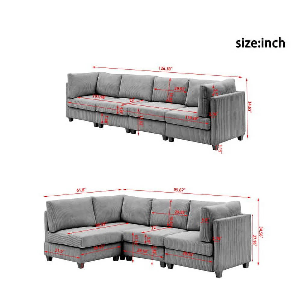 L-Shaped Grey Corduroy Sectional Sofa with Chaise Q9990