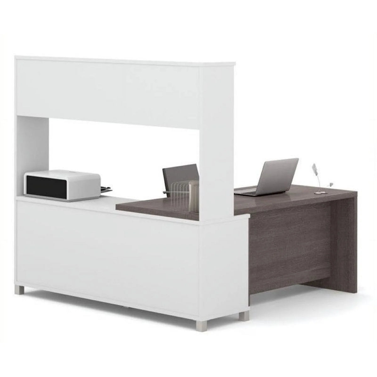 L-Desk with Hutch in White and Bark Gray M249