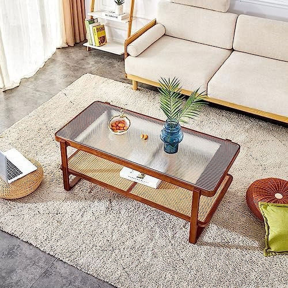 Rattan Woven Glass Desktop Round Double-Layer Solid Wood Coffee Table D9084