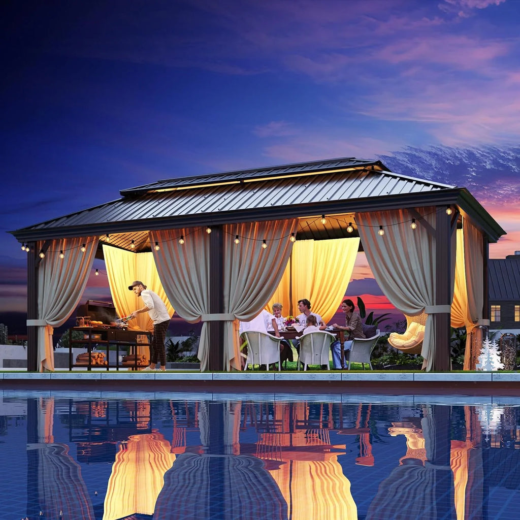 12x20 Aluminum Steel Hardtop Gazebo with Netting and Curtains W71928