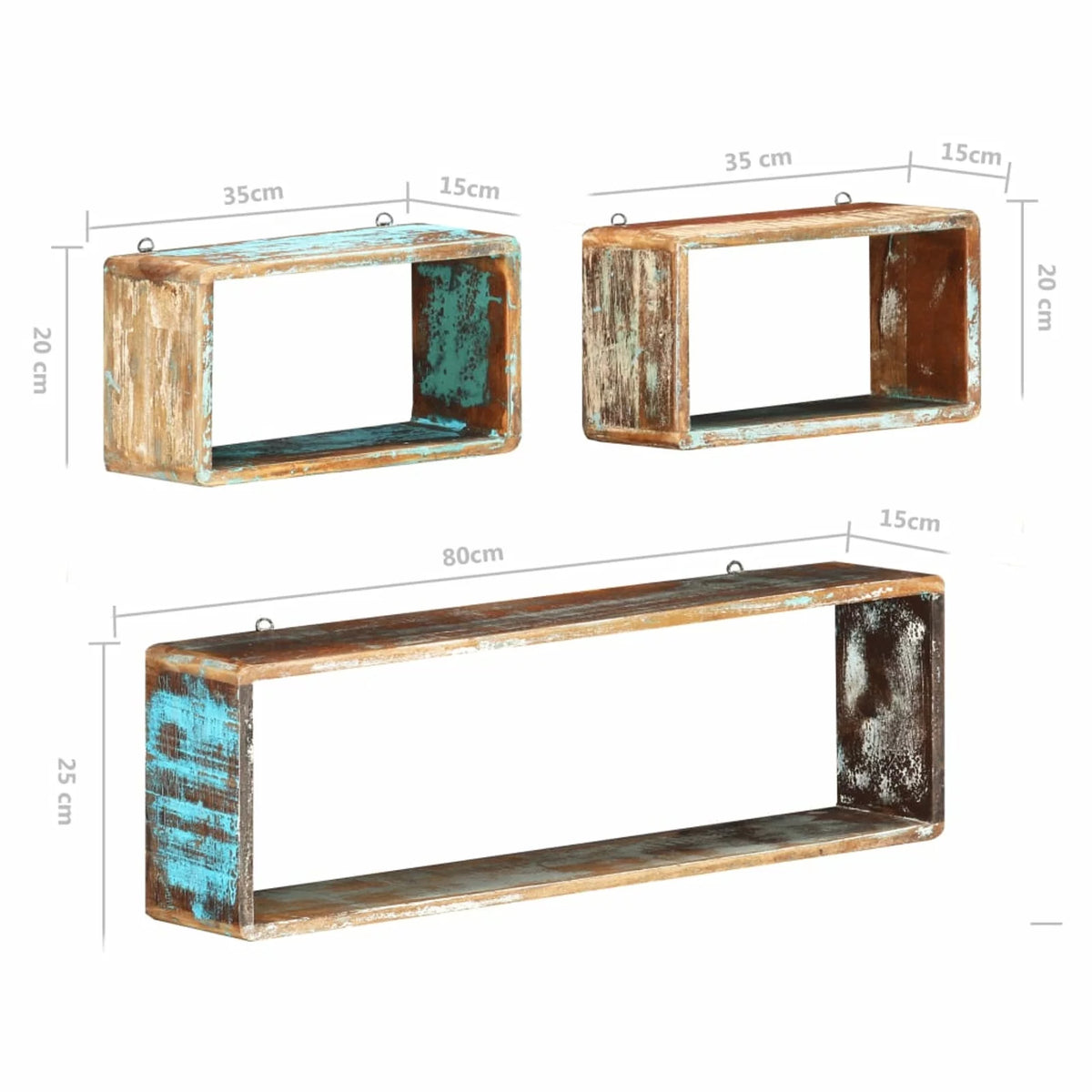 3 Piece Solid Reclaimed Wood Wall Cube Shelf Set S9108