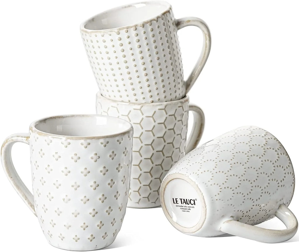 Ceramic Coffee Mugs 12 oz Embossment Set of 4 Arctic White X6652
