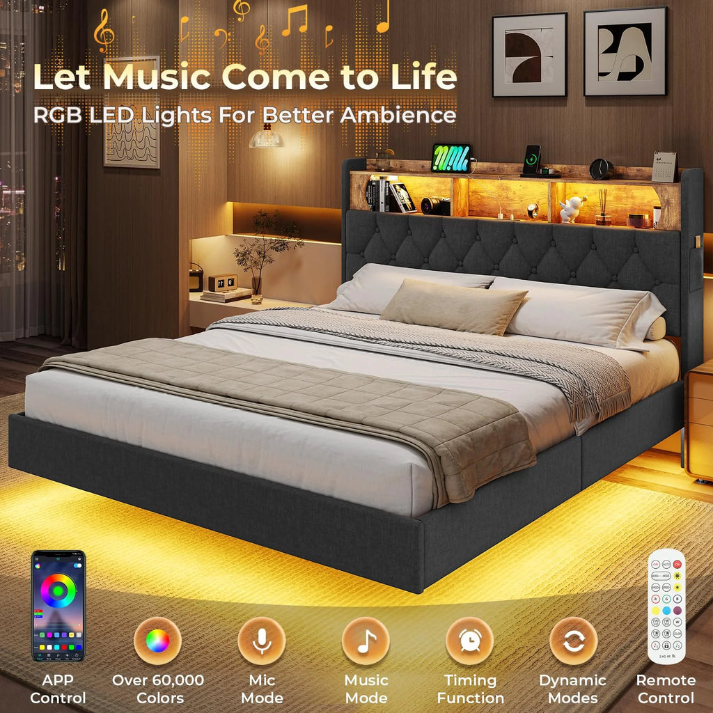 Full Size Floating Bed Frame with Charging Station and LED Lights C83682