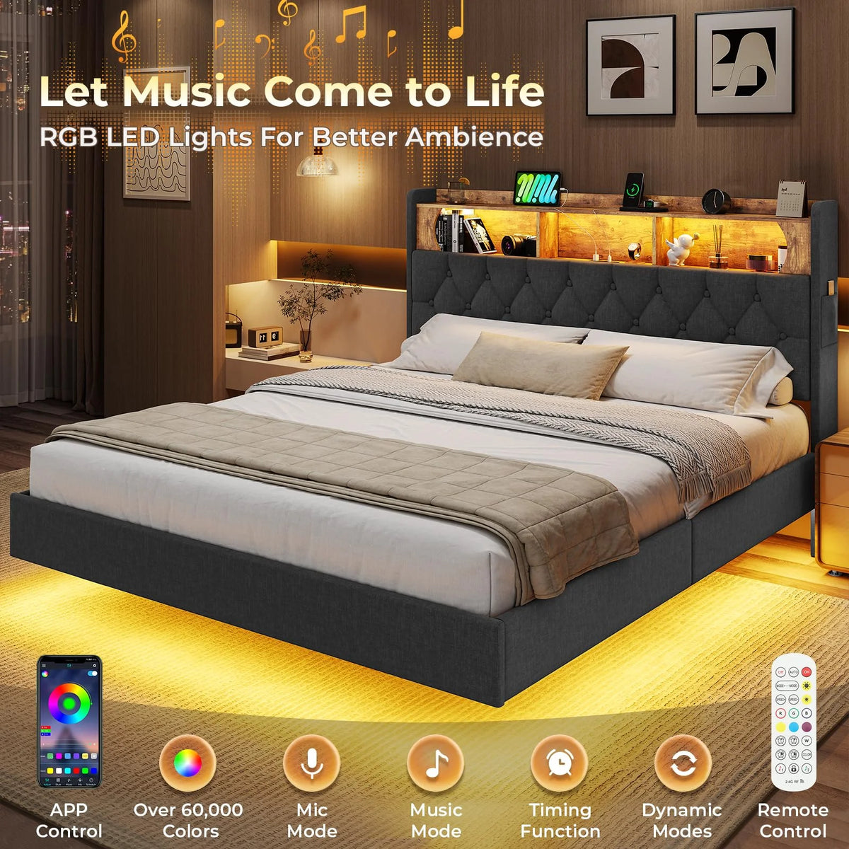 Full Size Floating Bed Frame with Charging Station and LED Lights C83682