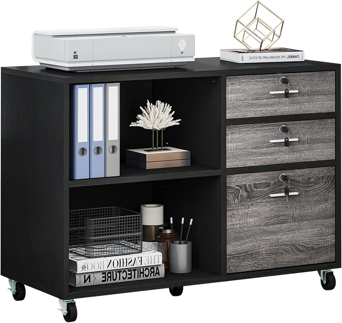 Wood 3 Drawer Mobile File Cabinet with 2 Open Shelves D474