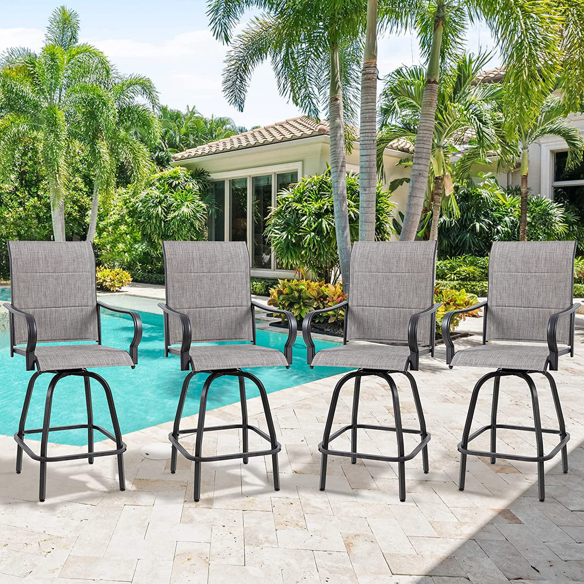4 Pieces All Weather Padded Sling Textilene Swivel Bar Stools N405