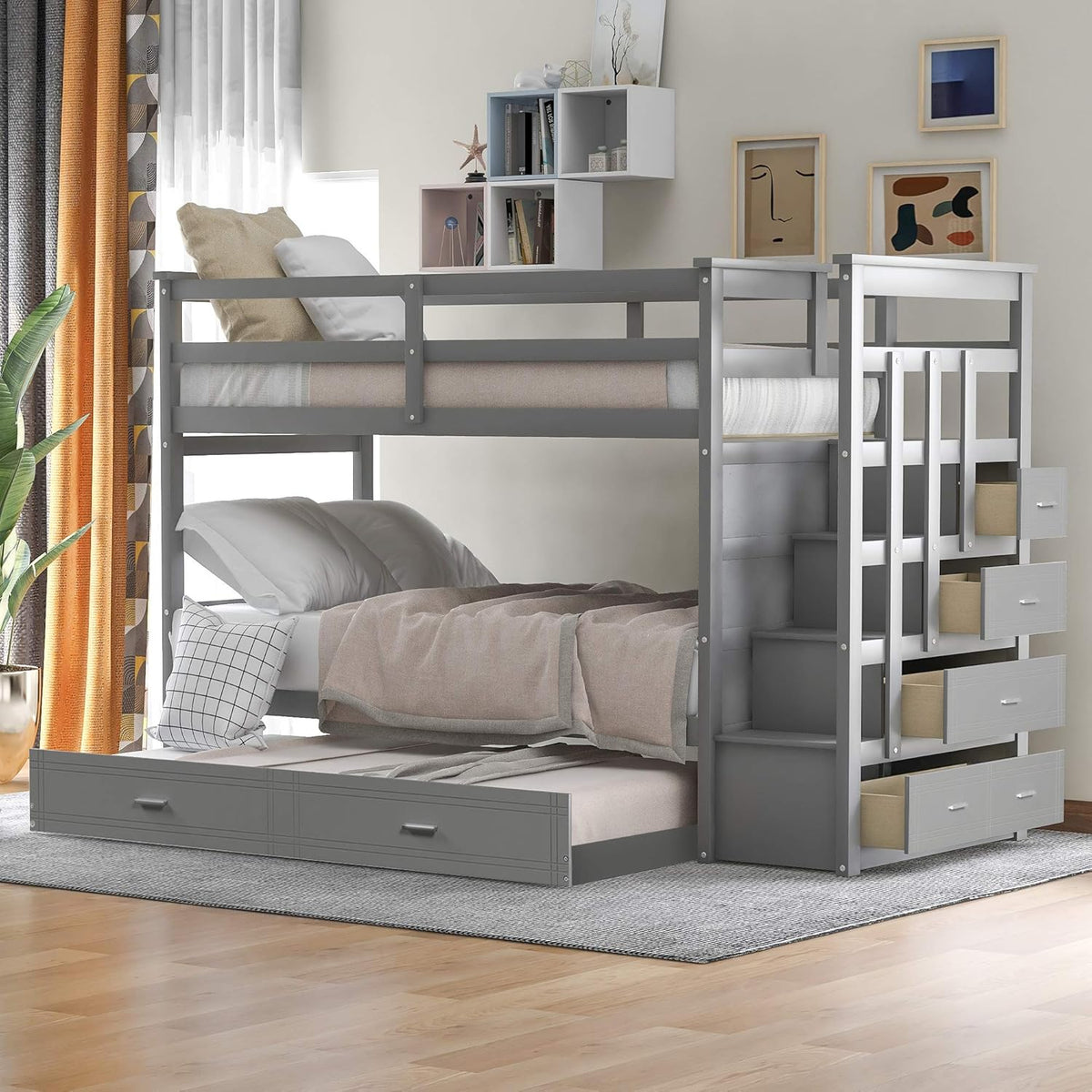 Twin Over Full/Twin Bunk Bed with Staircase Storage Shelves Drawers White G206