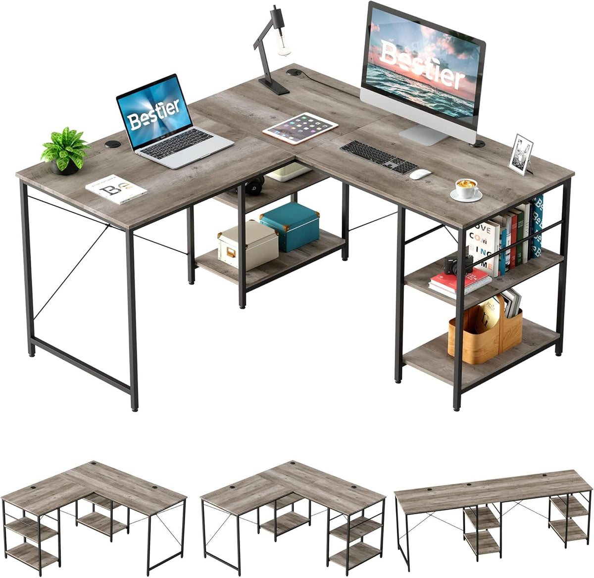 L Shaped Desk with Shelves 95.2 Inch Reversible Corner Computer Desk C219493
