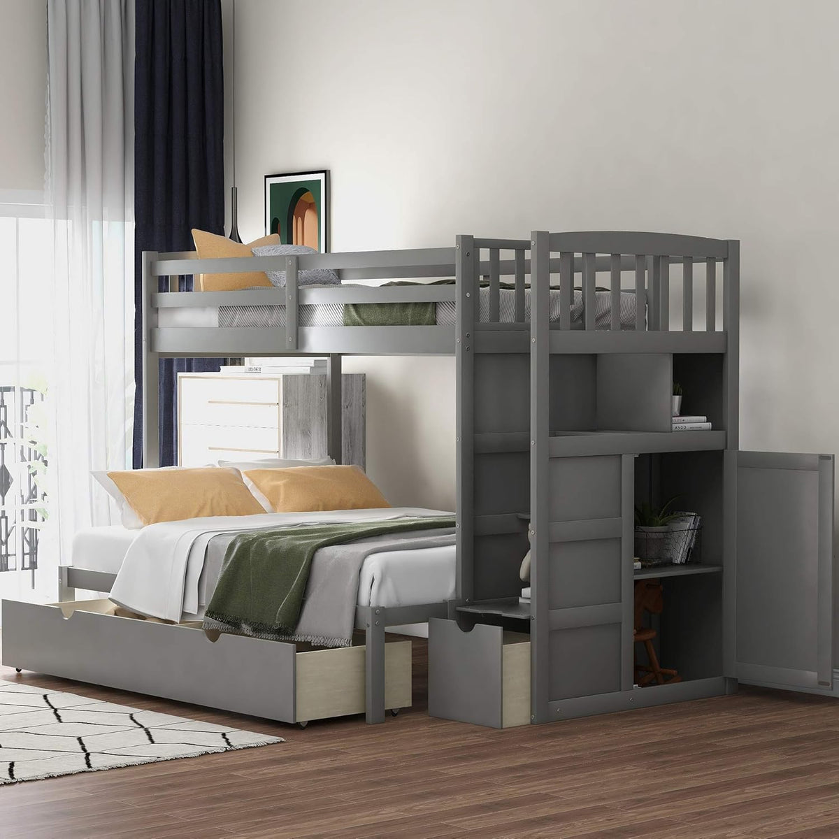 Twin Over Full/Twin Bunk Bed with Staircase Storage Shelves Drawers White G206