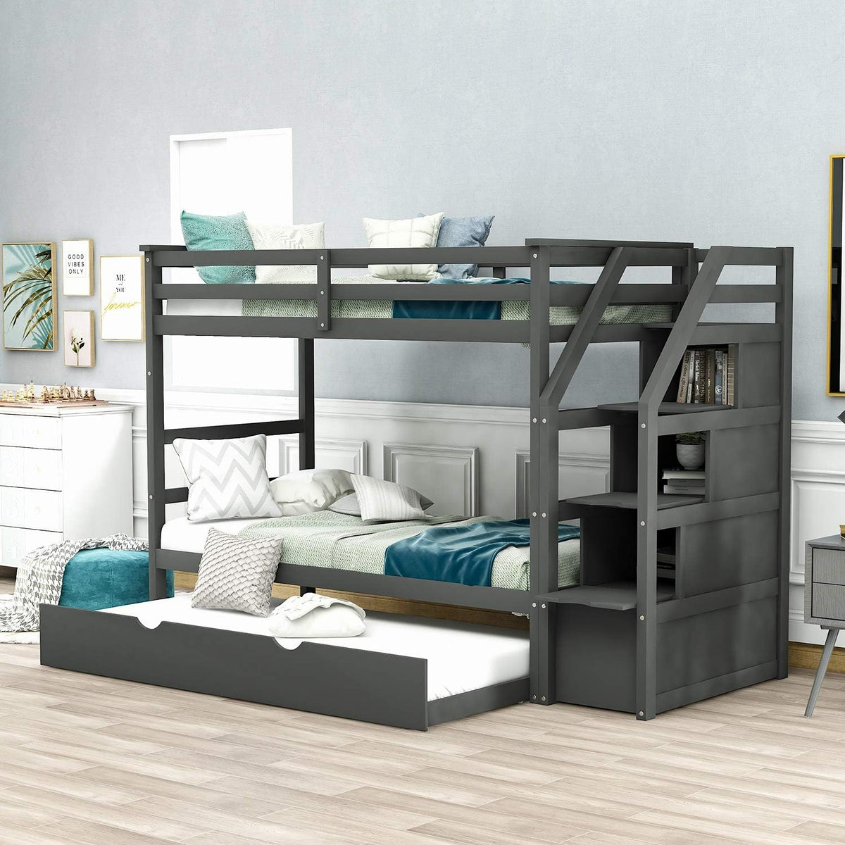 Twin Over Full/Twin Bunk Bed with Staircase Storage Shelves Drawers White G206