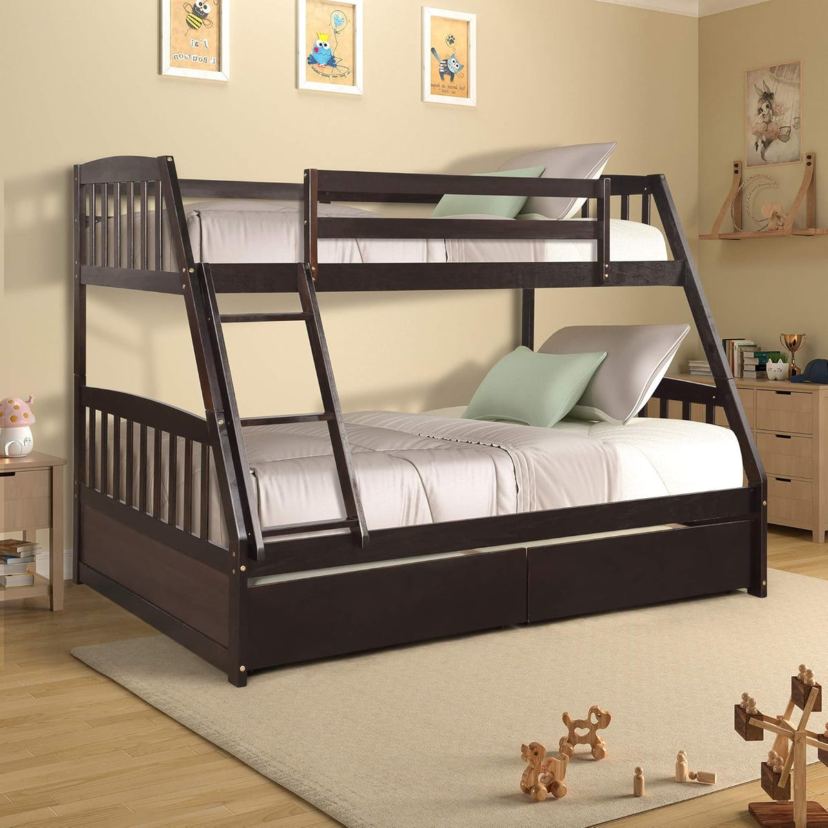 Twin Over Full/Twin Bunk Bed with Staircase Storage Shelves Drawers White G206