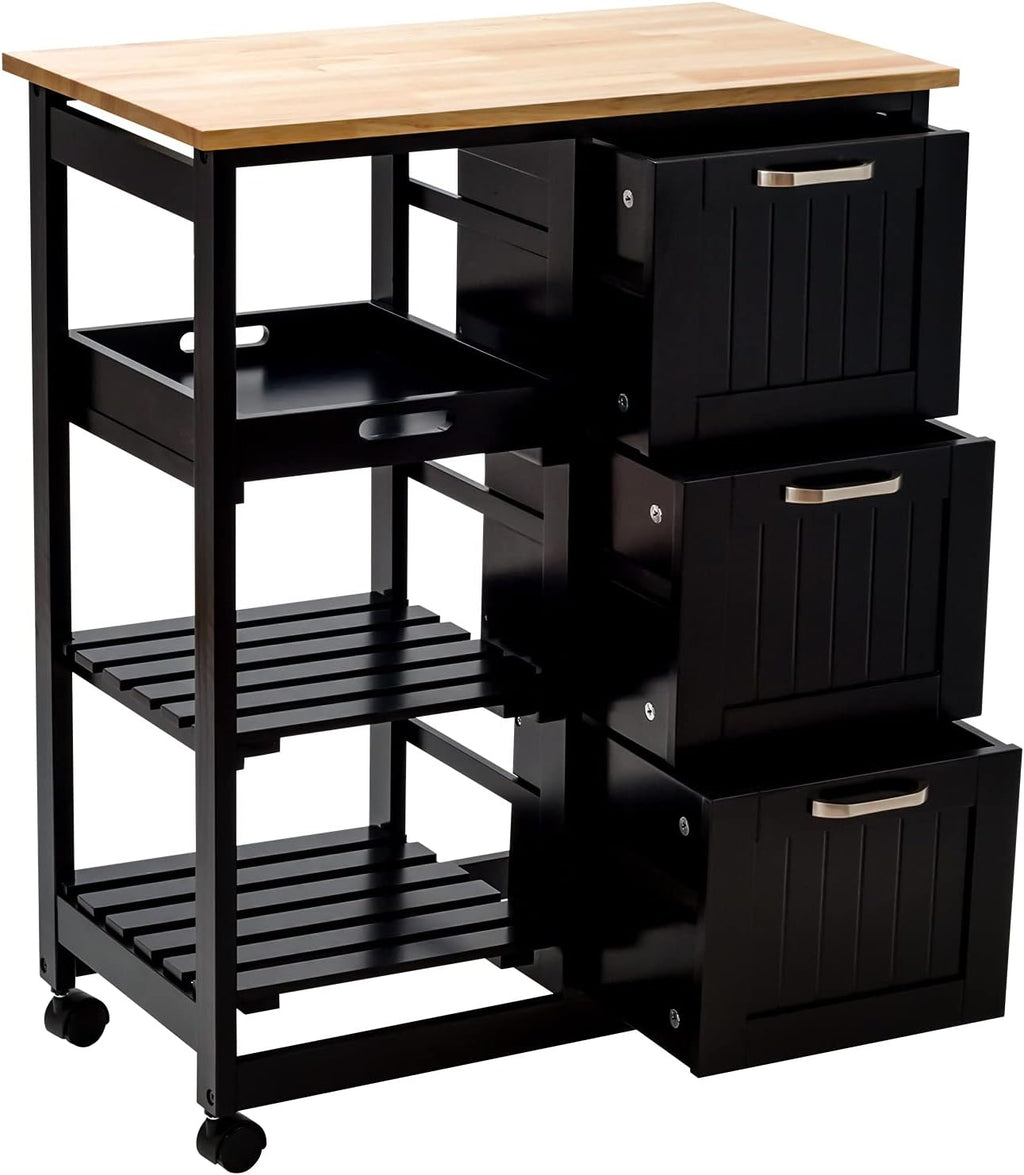 Black Kitchen Island Cart with Storage & Wheels B903