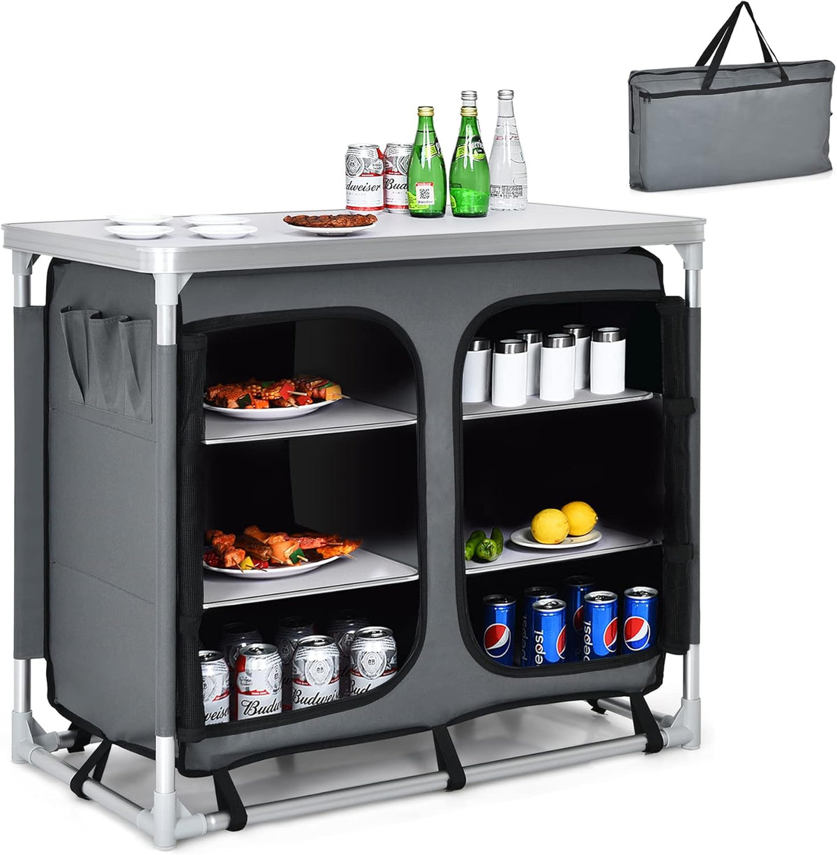 Portable Aluminum Camping Cook Table with Storage Organizer and Carrying Bag L64069