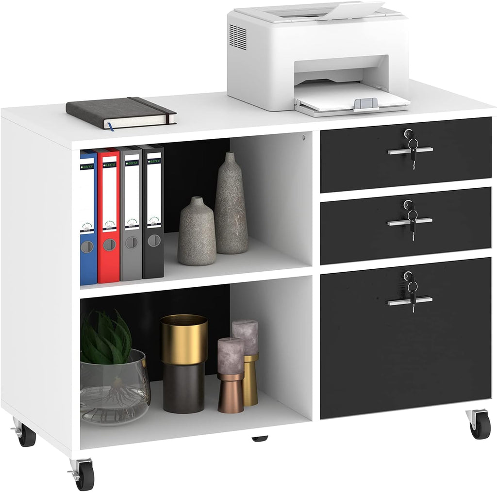 Wood 3 Drawer Mobile File Cabinet with 2 Open Shelves D474