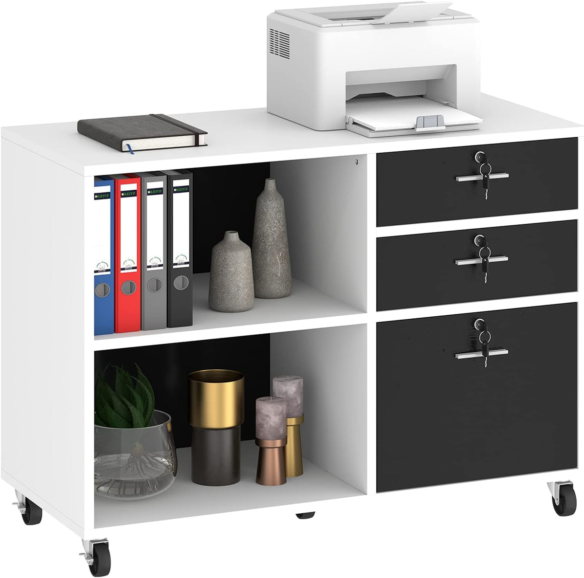 Wood 3 Drawer Mobile File Cabinet with 2 Open Shelves D474