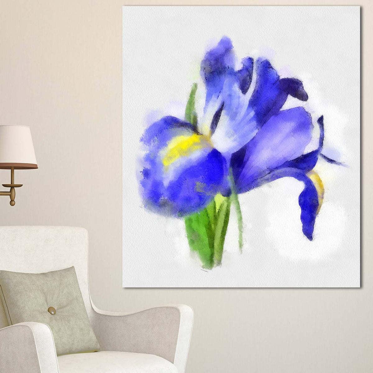 Blue Iris Illustration Watercolor Painting Print on Wrapped Canvas L4741